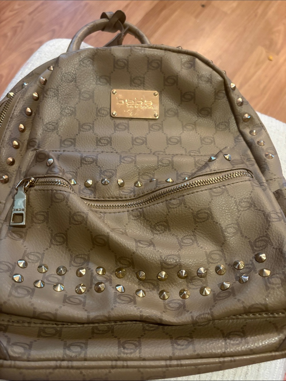 bebe Taupe Studded Logo Mini Backpack